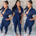 C3694 women autumn clothing stretch rompers lady's full length denim jumpsuit washed jeans for woman 2019 whole sale